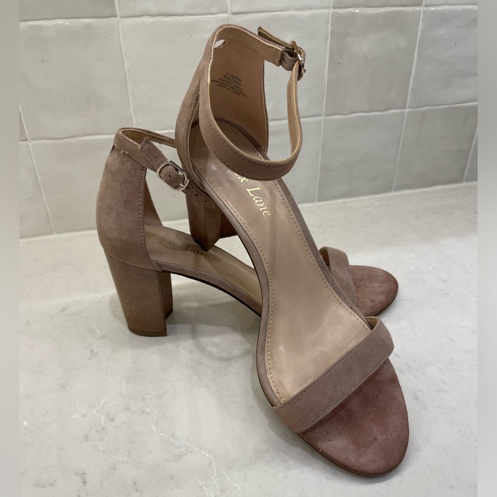 Worn Once — Essex Lane Tan Suede Sandal with Ankle Strap and 3” Block Heel